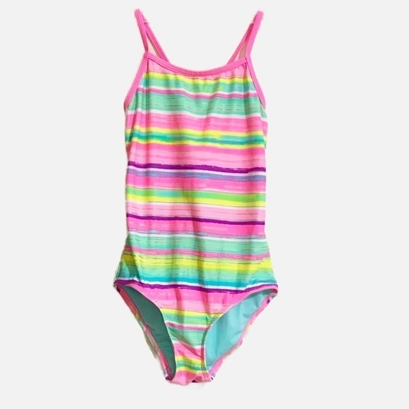 SO Fully Lined Pink Pastel Striped One-Piece Bathing/Swimsuit. Size 7/8 - Picture 1 of 5